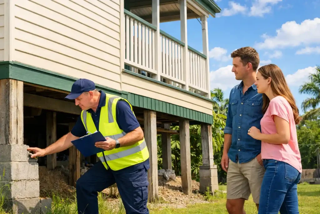 Licensed inspector conducting Certified Home Inspections on a high-set Queenslander home in Rockhampton, examining foundation and exterior walls with buyers present.
