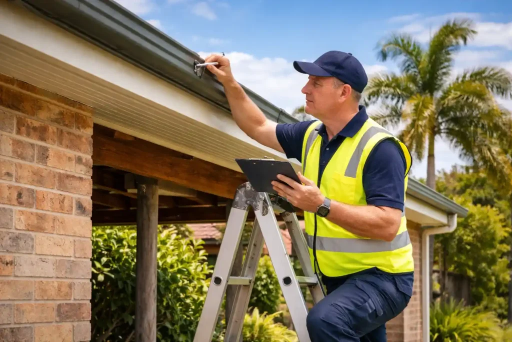 Certified building inspector performing roof and gutter assessment during Certified Home Inspections in Rockhampton, documenting structural findings on a tablet.