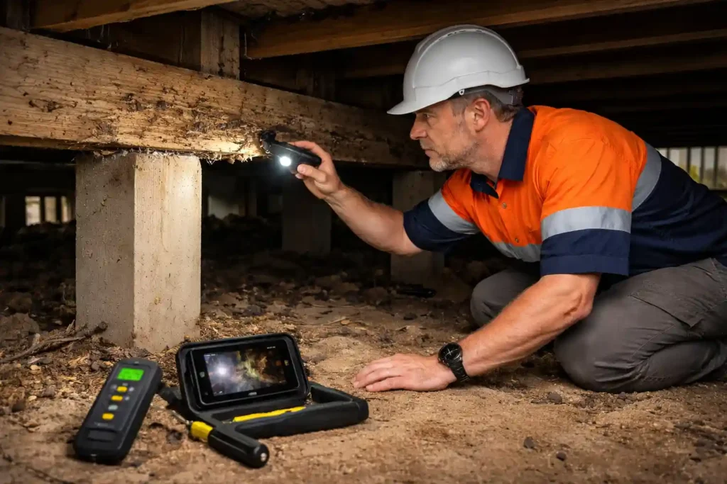 Certified house inspector checking timber beams for termite damage and moisture during Rapid Building Inspections Rockhampton in a residential subfloor area.