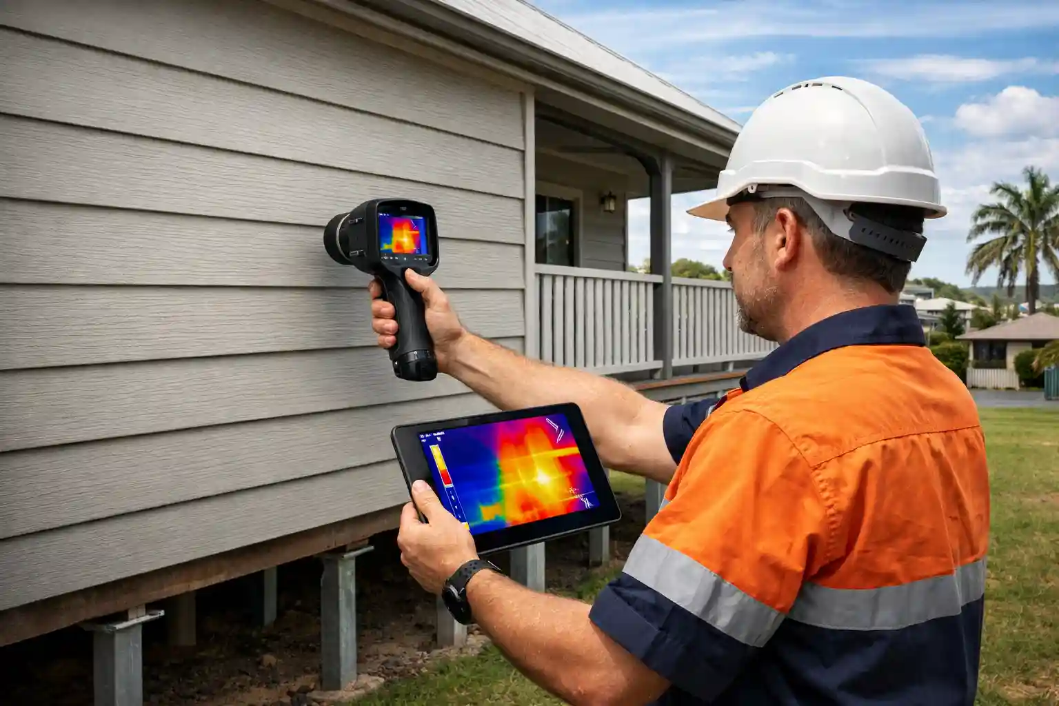 Licensed building inspector using a thermal imaging camera during Rapid Building Inspections Rockhampton to detect hidden moisture and structural issues in a Queensland home.