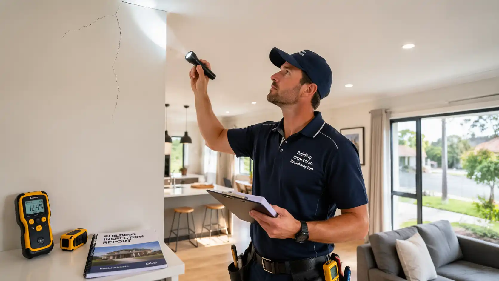 Professional inspector examining ceiling and walls with tools in a modern home – Building Inspection Company Rockhampton ensuring safe property investment