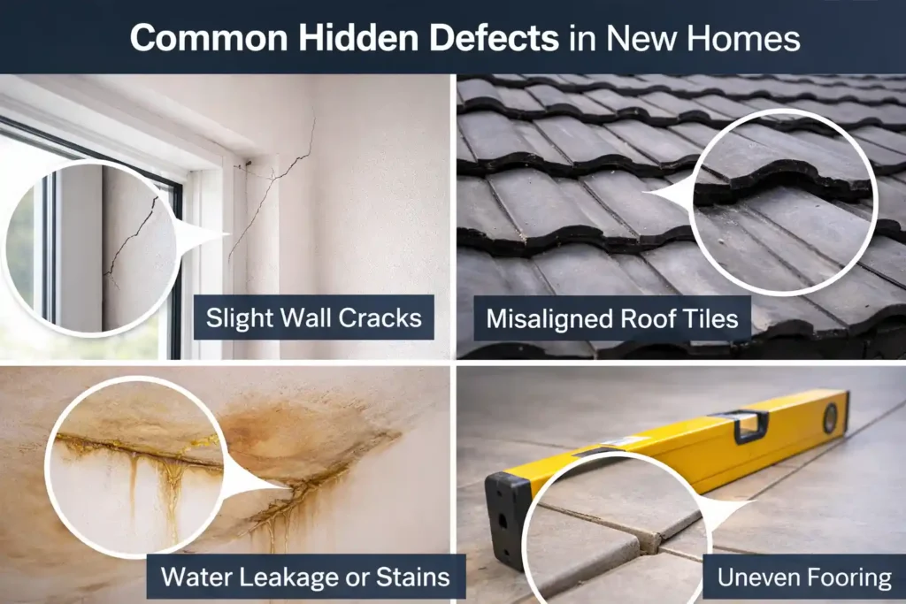 Common hidden defects like wall cracks, roof issues, and leaks found in New Home Property Inspections