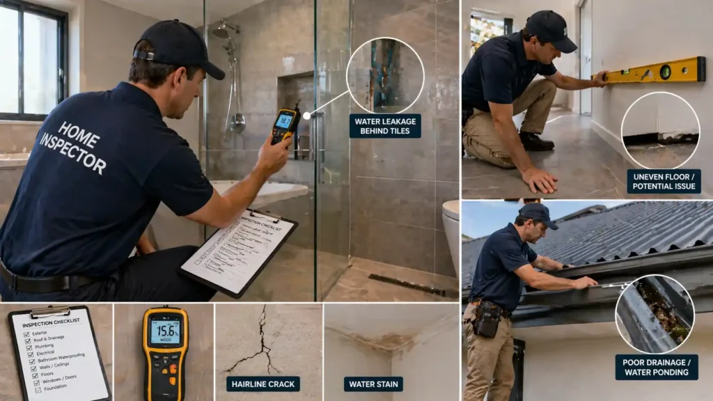Professional New Home Inspection in Rockhampton showing inspector checking waterproofing, flooring level, and roof drainage for hidden defects