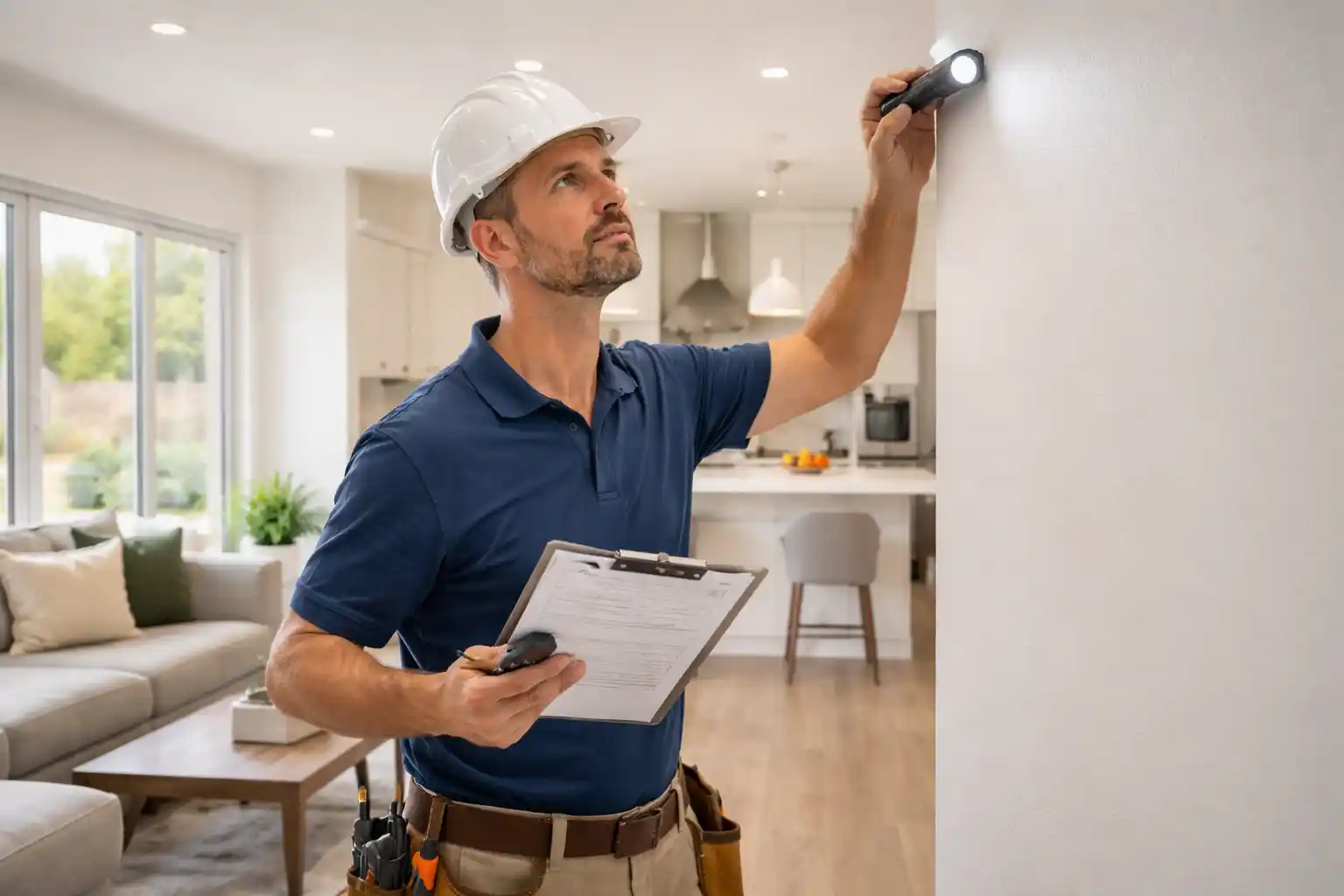 Professional inspector checking wall alignment in a modern house during New Home Property Inspections
