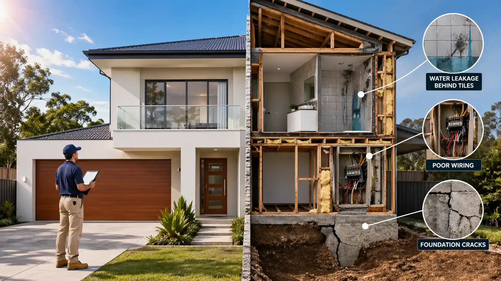 New Home Inspection in Rockhampton revealing hidden problems like water leaks, poor wiring, and foundation cracks in a brand-new house