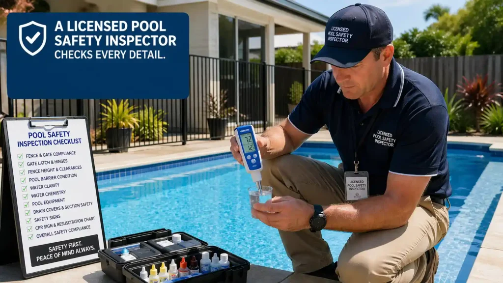 Licensed pool safety inspection Rockhampton – a qualified pool safety inspector kneeling beside a backyard swimming pool, using professional tools to test water quality and check safety compliance in a bright outdoor residential setting.