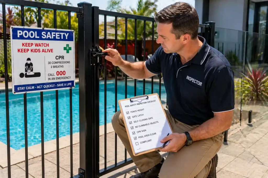 Licensed pool safety inspection Rockhampton – a qualified pool safety inspector kneeling beside a backyard swimming pool, using professional tools to test water quality and check safety compliance in a bright outdoor residential setting.
