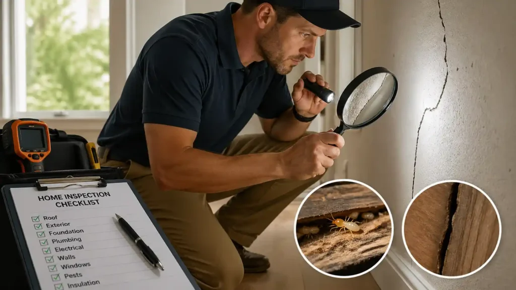 Safety Home Inspection Rockhampton showing inspector using magnification tools to detect hidden cracks and pest issues inside a home