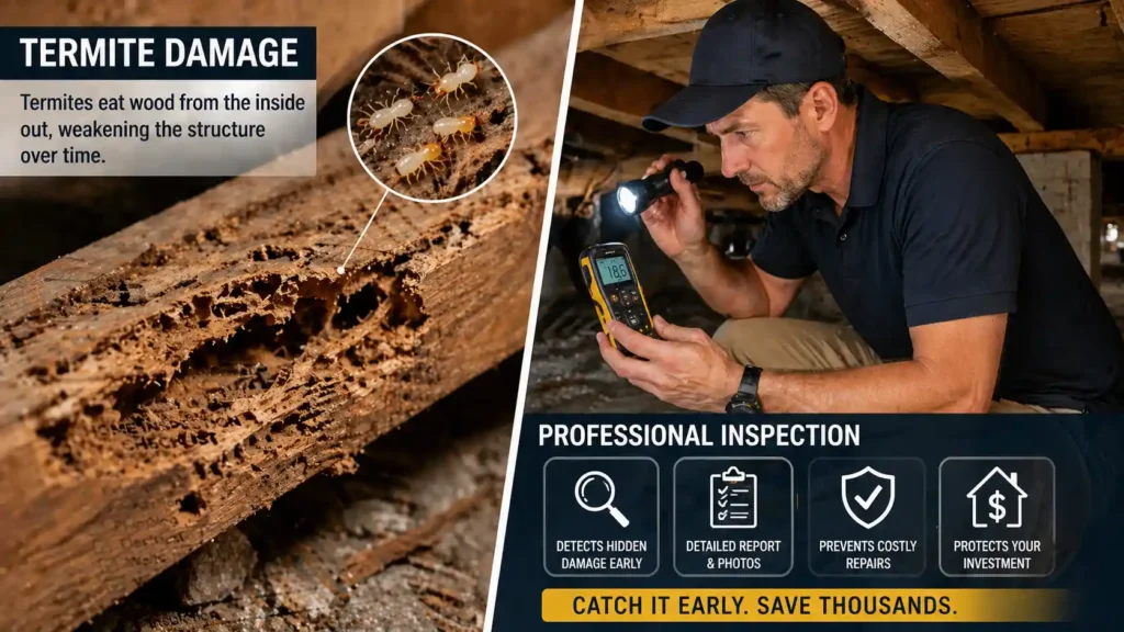 Safety Home Inspection Rockhampton highlighting termite-damaged wooden beam and professional inspection to detect structural risks early