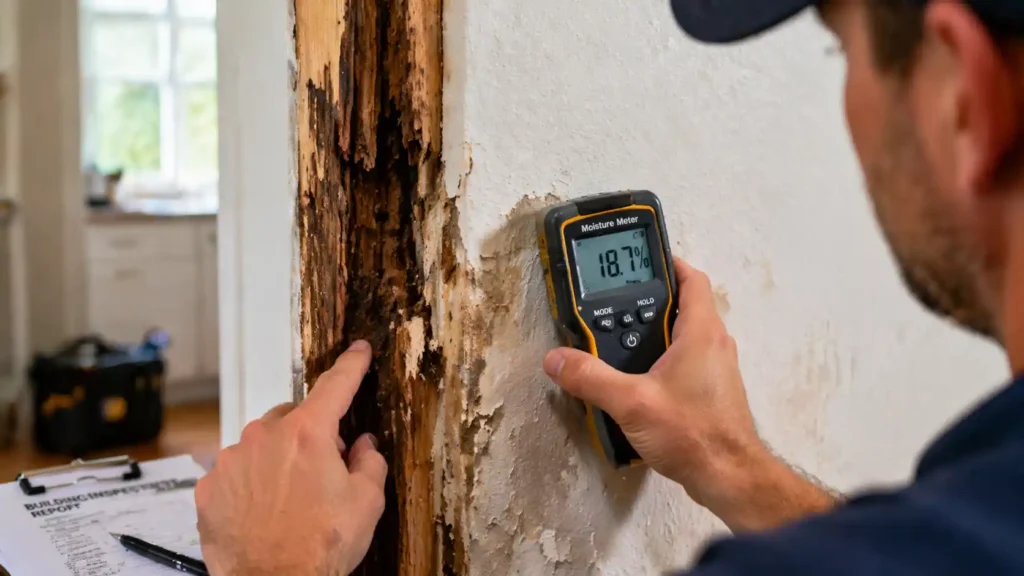 Close-up of inspector using moisture meter to detect damp and termite damage in wall – Building Inspection Company Rockhampton uncovering hidden property issues