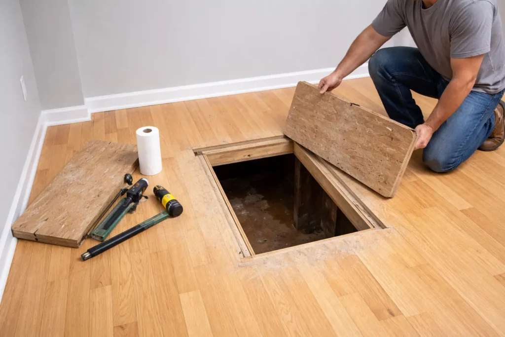 image of homeowner clearing subfloor access before inspection
