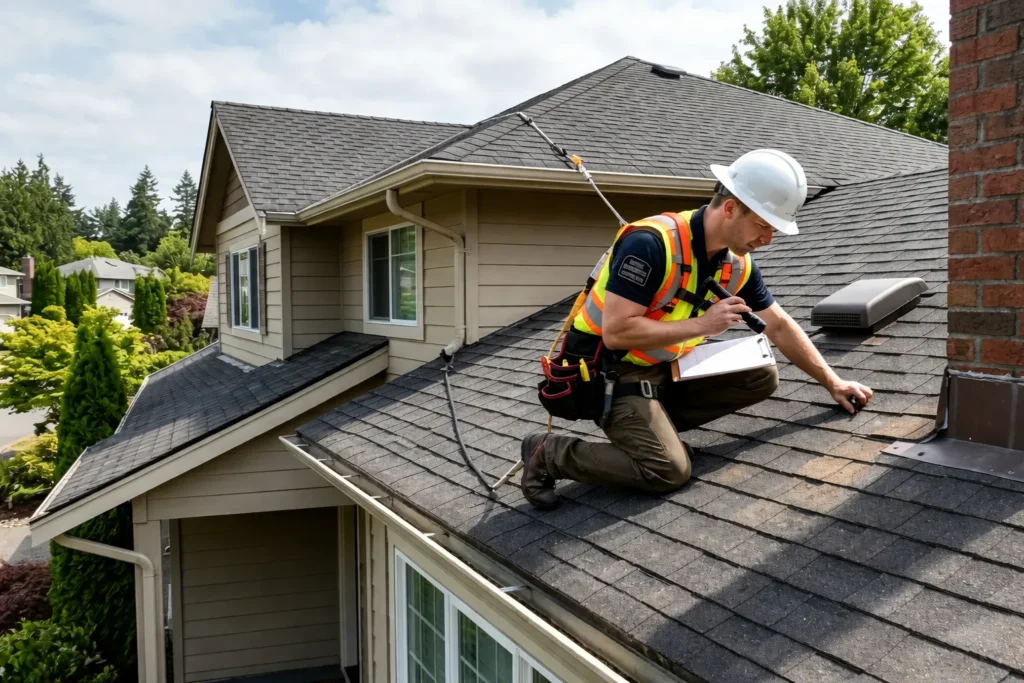 image of inspector checking roof and structure