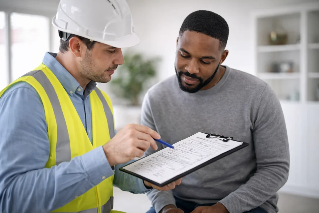 image of inspector reviewing report with homeowner
