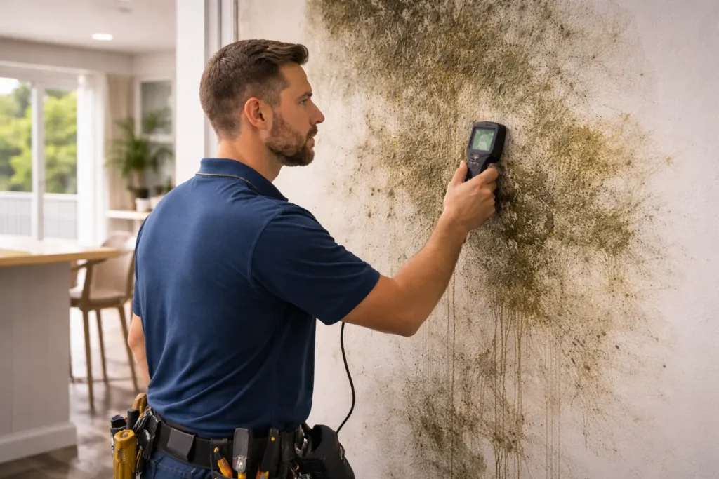 image of inspector using moisture meter inside a home